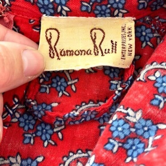 Ramona Rull Maxi Dress Vintage Red Blue Pattern Cotton Pockets Belt Puff Sleeves - Picture 4 of 12